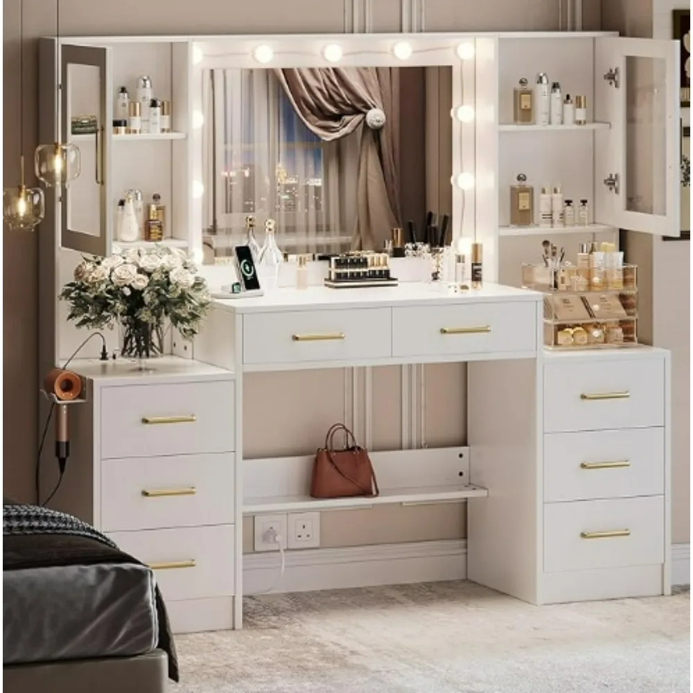 58.3" Makeup Vanity Desk with Charging Station, White Makeup Dressing Table with Mirror & Lights, 3 Lighting Modes Adjustable
58.3" Makeup Vanity Desk with Charging Station, White Makeup Dressing Table with Mirror & Lights, 3 Lighting Modes Adjustable