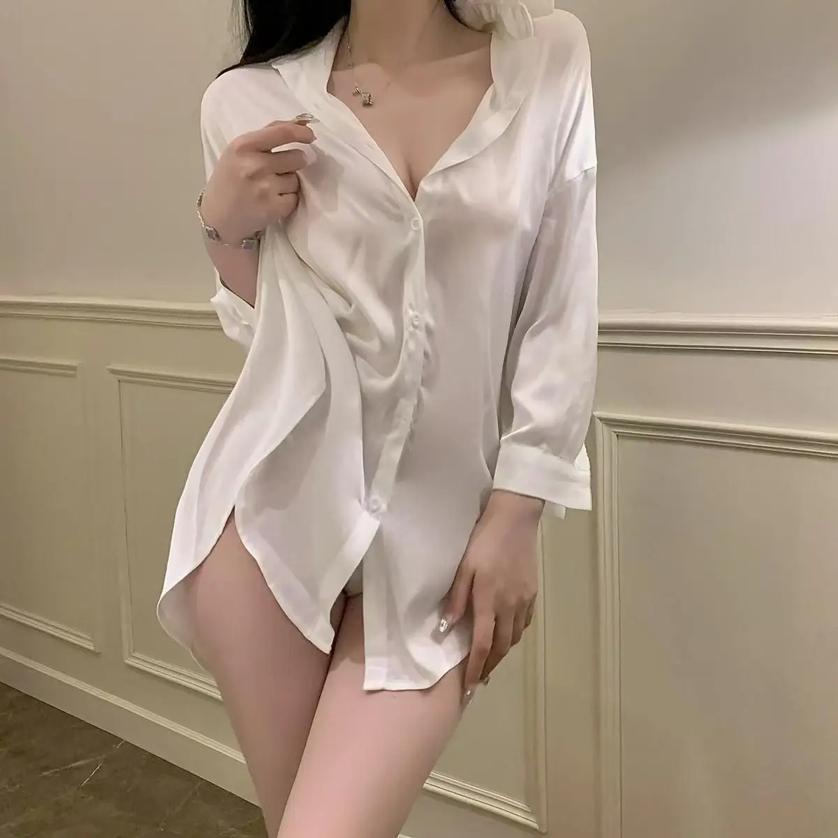 Sexy Transparent Home Shirt Advanced White Seductive Boyfriend Style Pure Desire Loose Meat Covering Sleep Dress Collar
Sexy Transparent Home Shirt Advanced White Seductive Boyfriend Style Pure Desire Loose Meat Covering Sleep Dress Collar