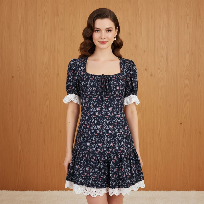 Square Neck Dark Floral Print Dress Puff Ruffle Short Sleeve Lace Trim Hem Bow Tie Dresses Romantic Vintage Street Fashion Wears
Square Neck Dark Floral Print Dress Puff Ruffle Short Sleeve Lace Trim Hem Bow Tie Dresses Romantic Vintage Street Fashion Wears