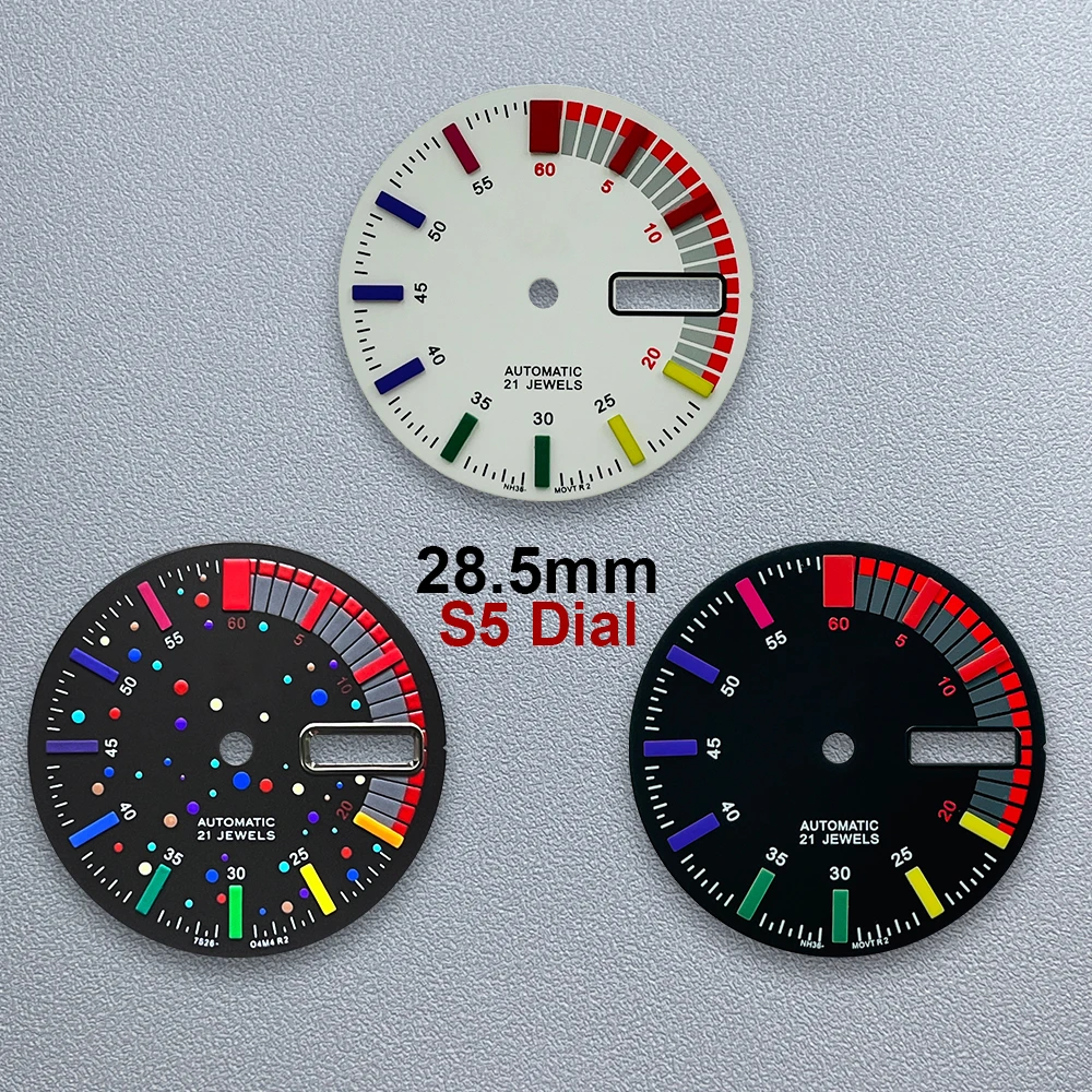 28.5mm S 5 Logo Colorful Dial Suitable for NH36/4R36 Movement Dual Calendar High-Quality Watch Modification Accessories
28.5mm S 5 Logo Colorful Dial Suitable for NH36/4R36 Movement Dual Calendar High-Quality Watch Modification Accessories