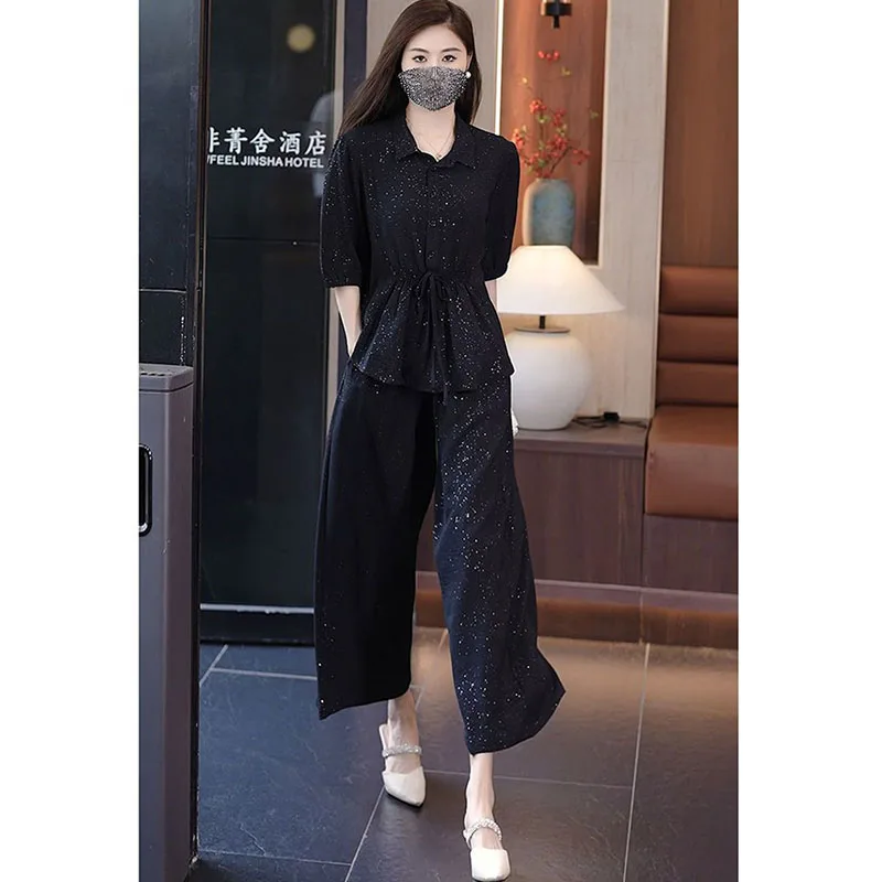 Summer Lady Mid Sleeve Tops Pantalons Two-piece Set Women Sparkling Shirt Trousers Suit Femme Large Size 5XL Wide Leg Pants 2PCS
Summer Lady Mid Sleeve Tops Pantalons Two-piece Set Women Sparkling Shirt Trousers Suit Femme Large Size 5XL Wide Leg Pants 2PCS