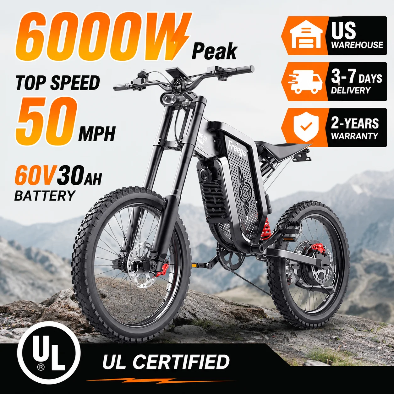 Freego X2 Electric Dirt Bike 6000W Motor 60V 30Ah Removable Battery Max 50Mph E-Bike 19" x2" Tire Off-Road Motorcycle for Adults
Freego X2 Electric Dirt Bike 6000W Motor 60V 30Ah Removable Battery Max 50Mph E-Bike 19" x2" Tire Off-Road Motorcycle for Adults