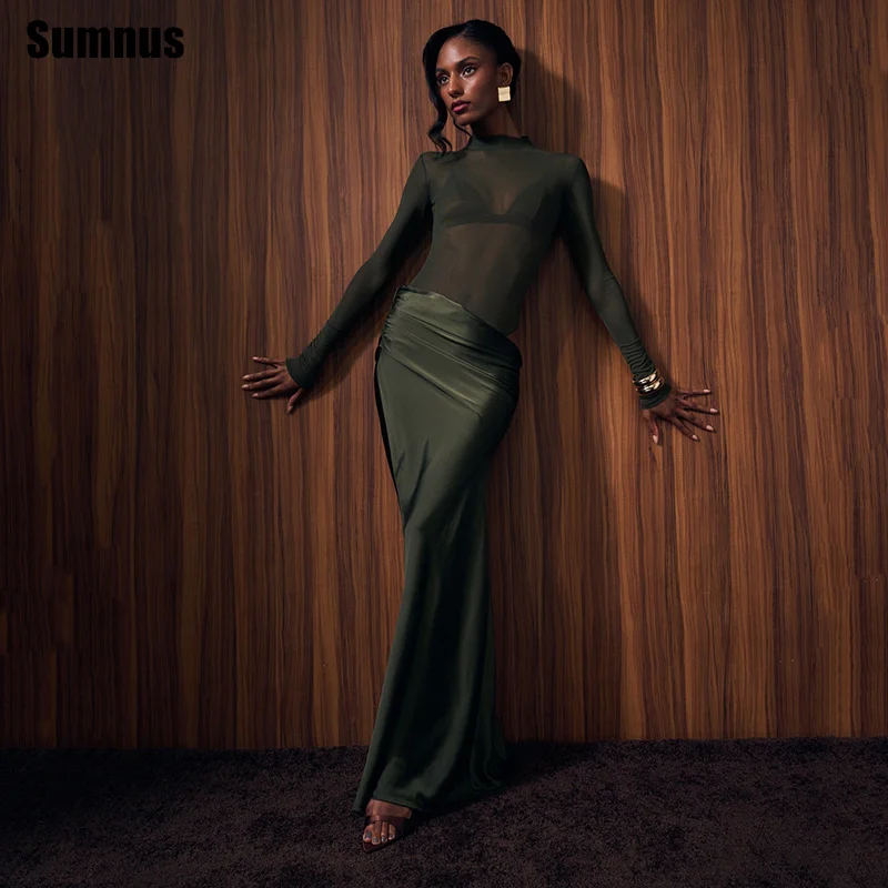 Sumnus Sexy Mermaid Prom Dresses Satin High Neck Full Sleeves Illusion Pleats Maxi Party Dresses Gala Dress vestidos Customized
Sumnus Sexy Mermaid Prom Dresses Satin High Neck Full Sleeves Illusion Pleats Maxi Party Dresses Gala Dress vestidos Customized