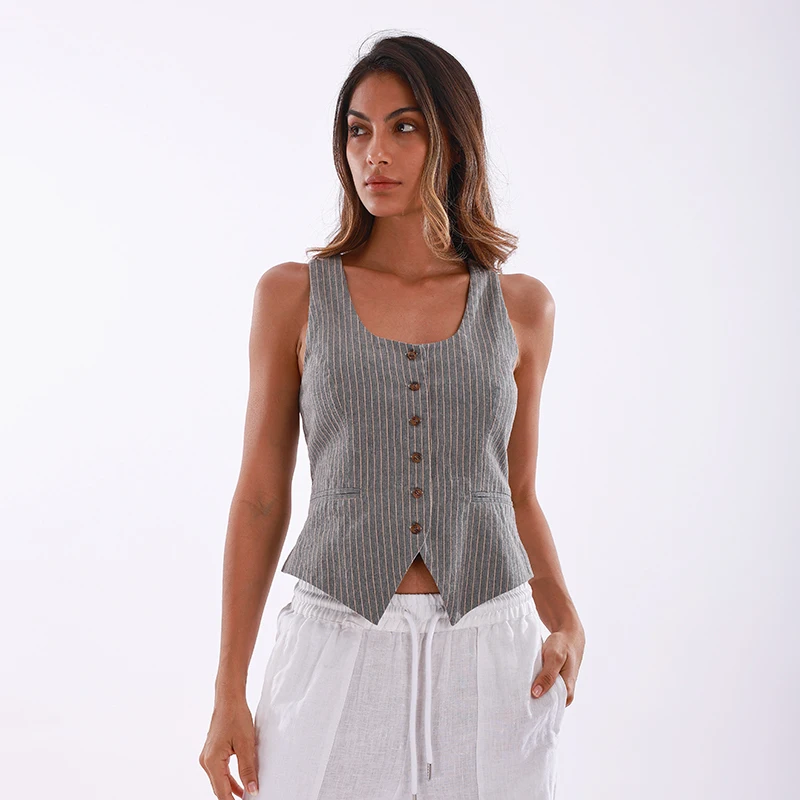 Summer Linen Women's Sleeveless U-Neck Striped Slim Fit Button Design For Commuting Vest T-shirt Top ropa de mujer,520527WTP
Summer Linen Women's Sleeveless U-Neck Striped Slim Fit Button Design For Commuting Vest T-shirt Top ropa de mujer,520527WTP