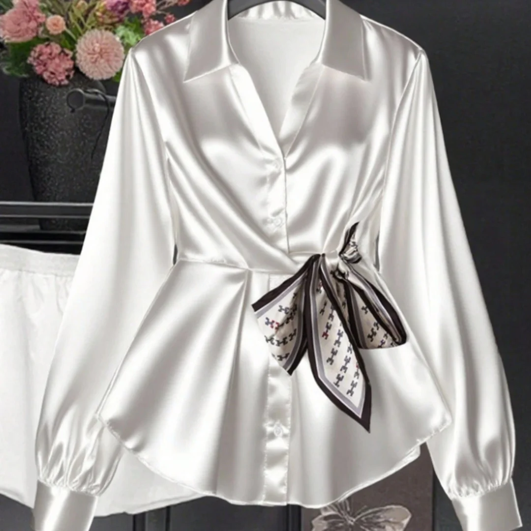 Women Satin Shirt V-Neck Long Sleeve Waist Bow Elegant Office Workwear Blouse
Women Satin Shirt V-Neck Long Sleeve Waist Bow Elegant Office Workwear Blouse