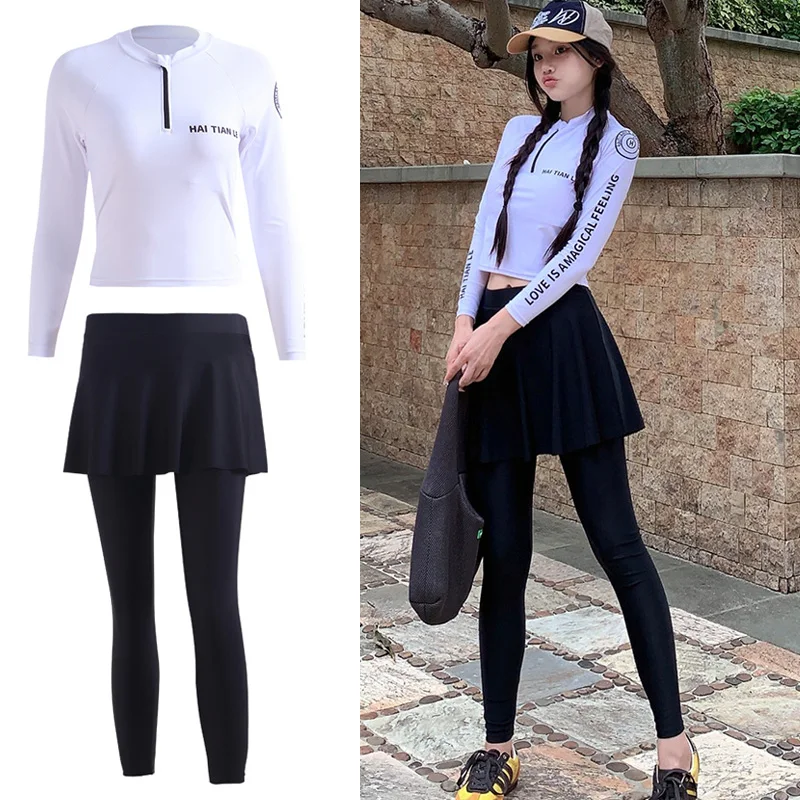 Women's Two Piece Long Sleeve Rashguard Swimsuit Crop Top with Skirted Legging Workout Clothes Gym Wear Tracksuits Yoga Jogging
Women's Two Piece Long Sleeve Rashguard Swimsuit Crop Top with Skirted Legging Workout Clothes Gym Wear Tracksuits Yoga Jogging