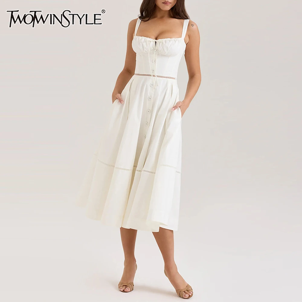 TWOTWINSTYLE Solid Hollow Out Spliced Single Breasted Minimalist Dresses for Women Square Neck Sleeveless Elegant Dress Female
TWOTWINSTYLE Solid Hollow Out Spliced Single Breasted Minimalist Dresses for Women Square Neck Sleeveless Elegant Dress Female
