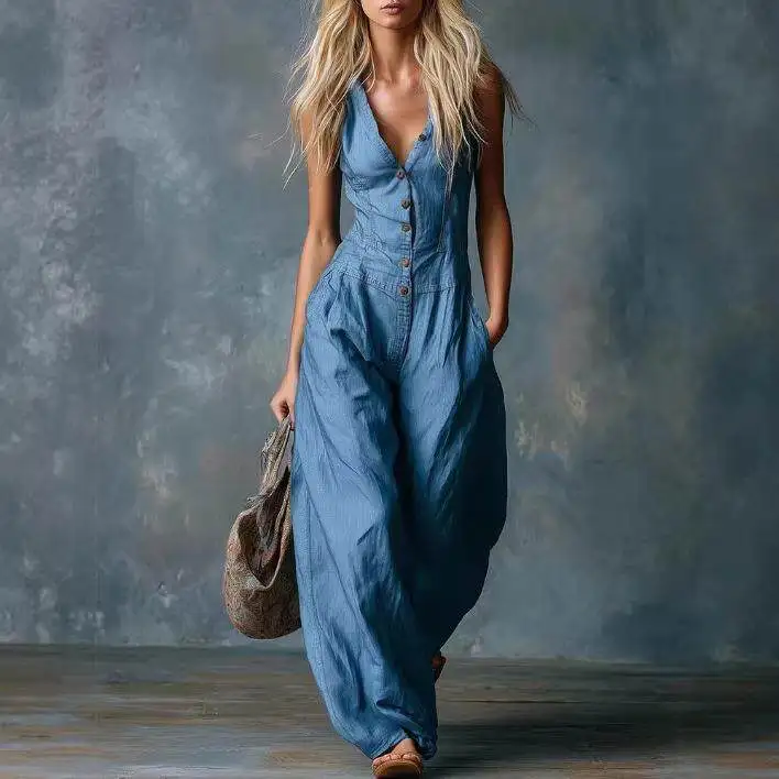 Blue One-Piece Romper Casual Western Style V-Neck Front Button Sleeveless Jumpsuit for Women Independent Station Retro Western
Blue One-Piece Romper Casual Western Style V-Neck Front Button Sleeveless Jumpsuit for Women Independent Station Retro Western