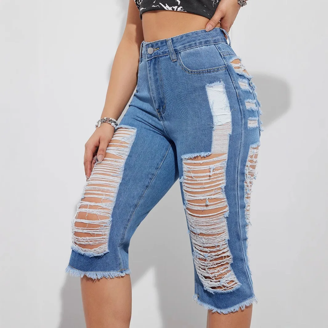 Женские укороченные джинсовые брюки с рваным дизайном, повседневные облегающие брюки
Женские укороченные джинсовые брюки с рваным дизайном, повседневные облегающие брюки
