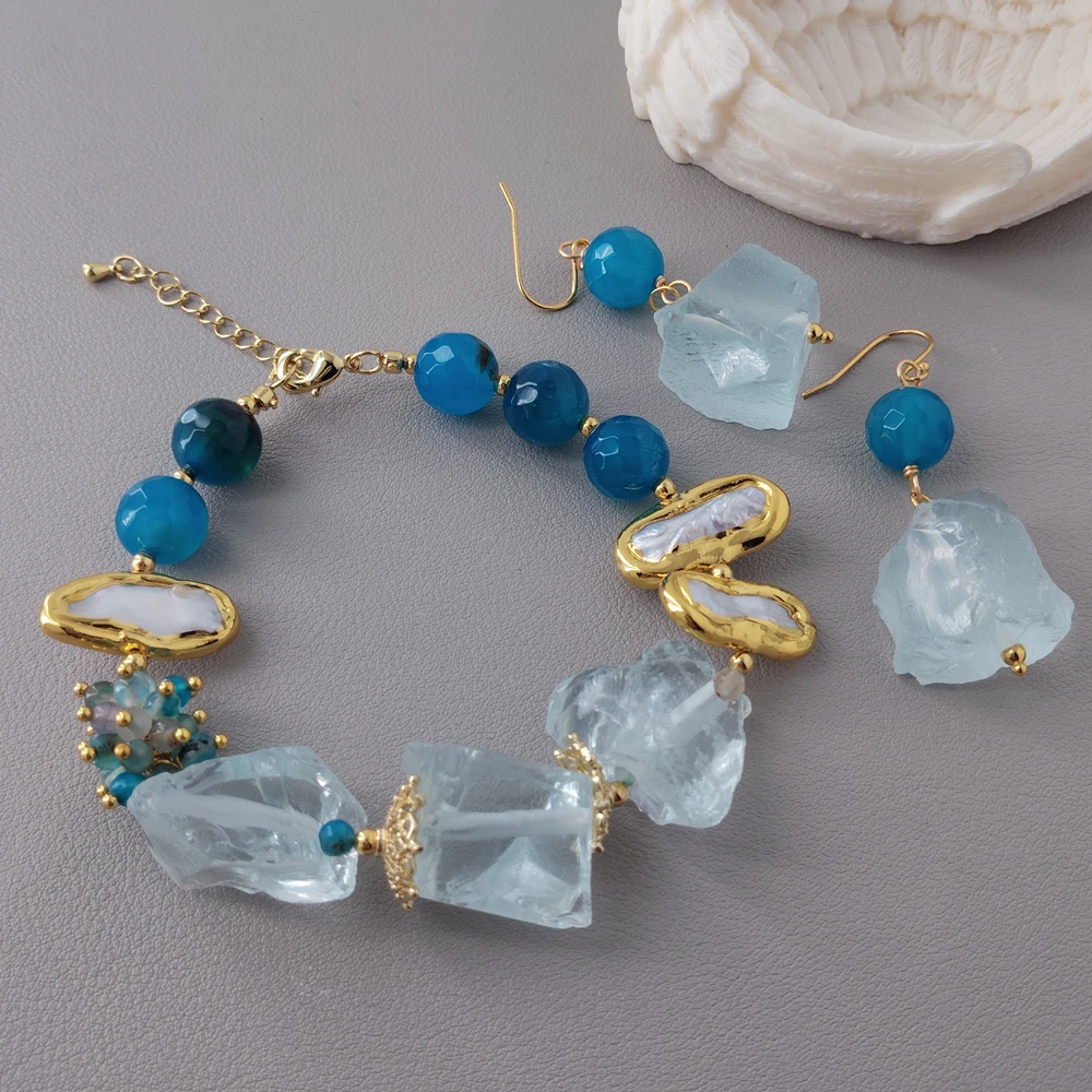 Y·YING Cultured White Biwa Pearl Blue Agate Glass Rough Raw Bracelet Earrings Set
Y·YING Cultured White Biwa Pearl Blue Agate Glass Rough Raw Bracelet Earrings Set