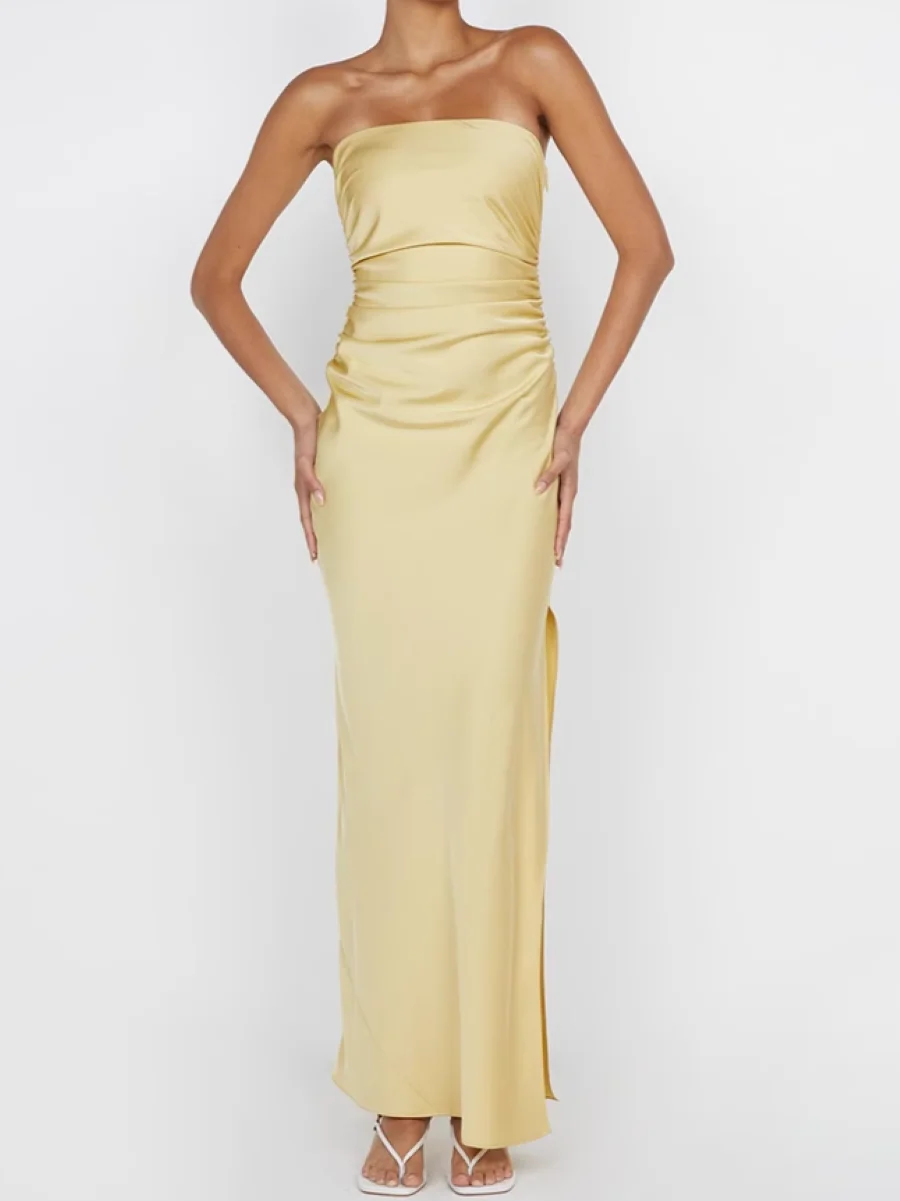 Strapless Women's High-end Split Maxi Dress Pleated High Waist Solid Color Party Ladies Robe 
Strapless Women's High-end Split Maxi Dress Pleated High Waist Solid Color Party Ladies Robe