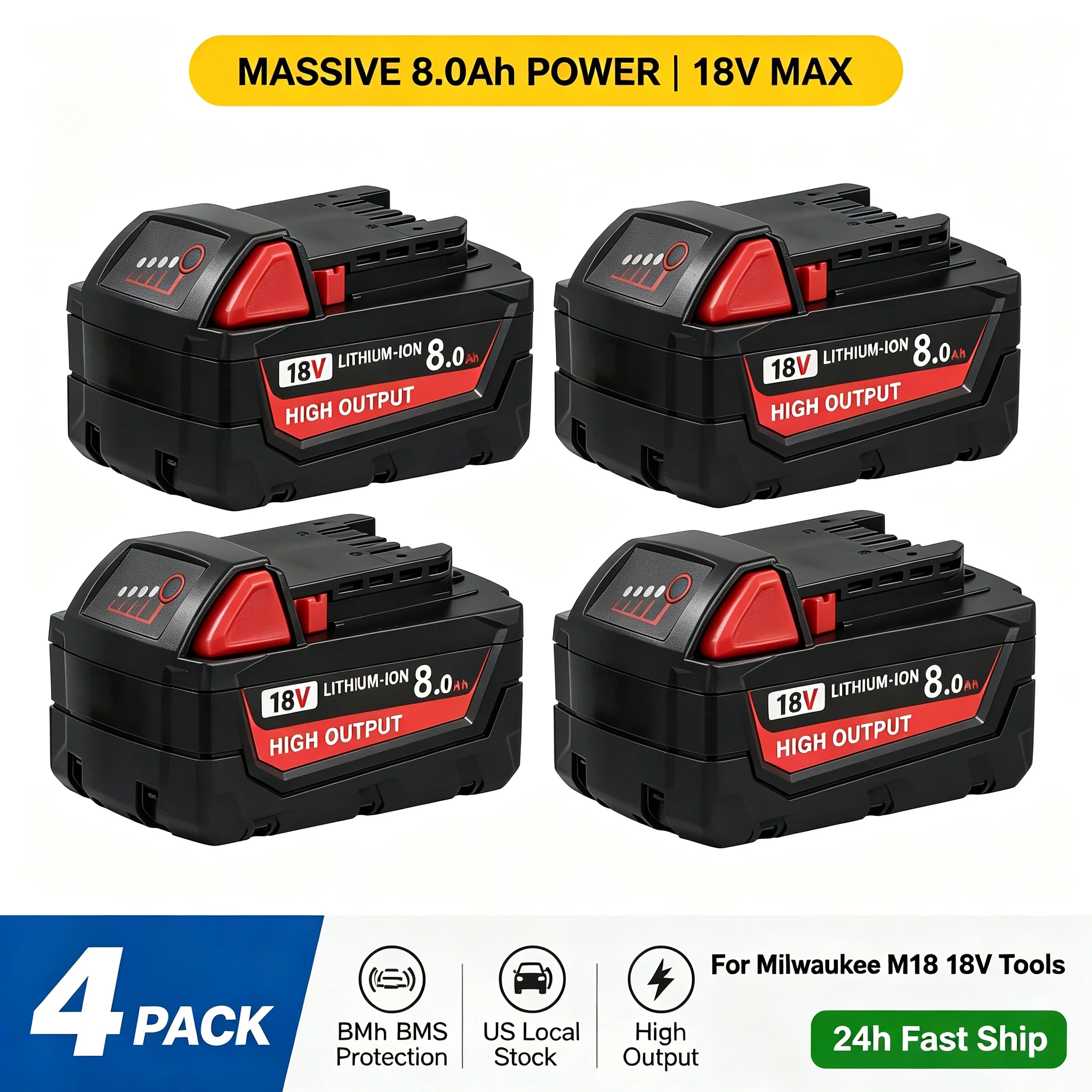 4 Pack 8.0Ah 18V Battery Replacement for Milwaukee M18 48-11-1850 48-11-1880 48-11-1860 , High Output Lithium Power Tool Li-ion
4 Pack 8.0Ah 18V Battery Replacement for Milwaukee M18 48-11-1850 48-11-1880 48-11-1860 , High Output Lithium Power Tool Li-ion