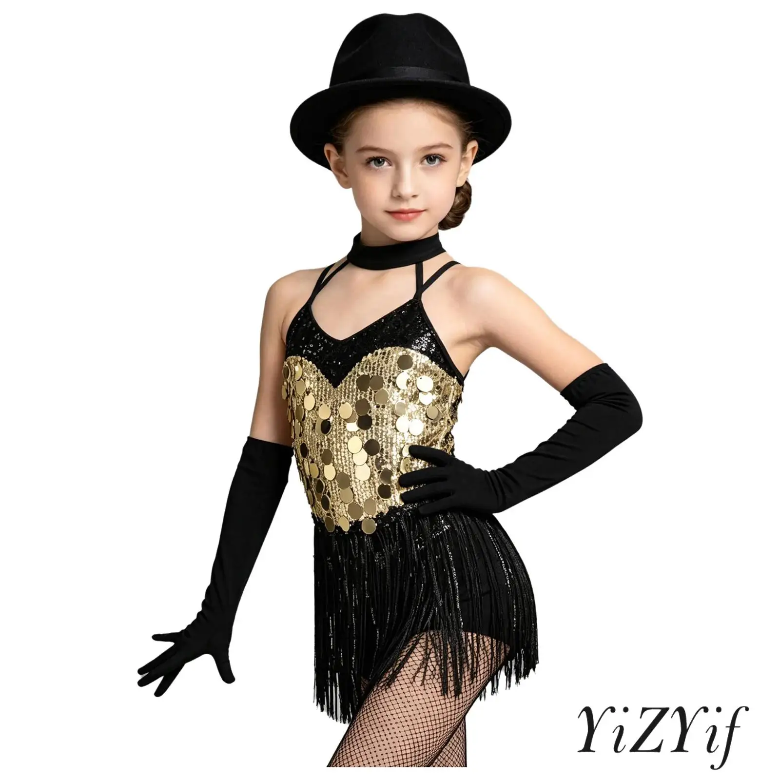 Girls Fringe Tassel Latin Ballet Dance Wear Halter Sleeveless Strappy Sparkling Sequins Dress with Gloves for Stage Prom Shows
Girls Fringe Tassel Latin Ballet Dance Wear Halter Sleeveless Strappy Sparkling Sequins Dress with Gloves for Stage Prom Shows