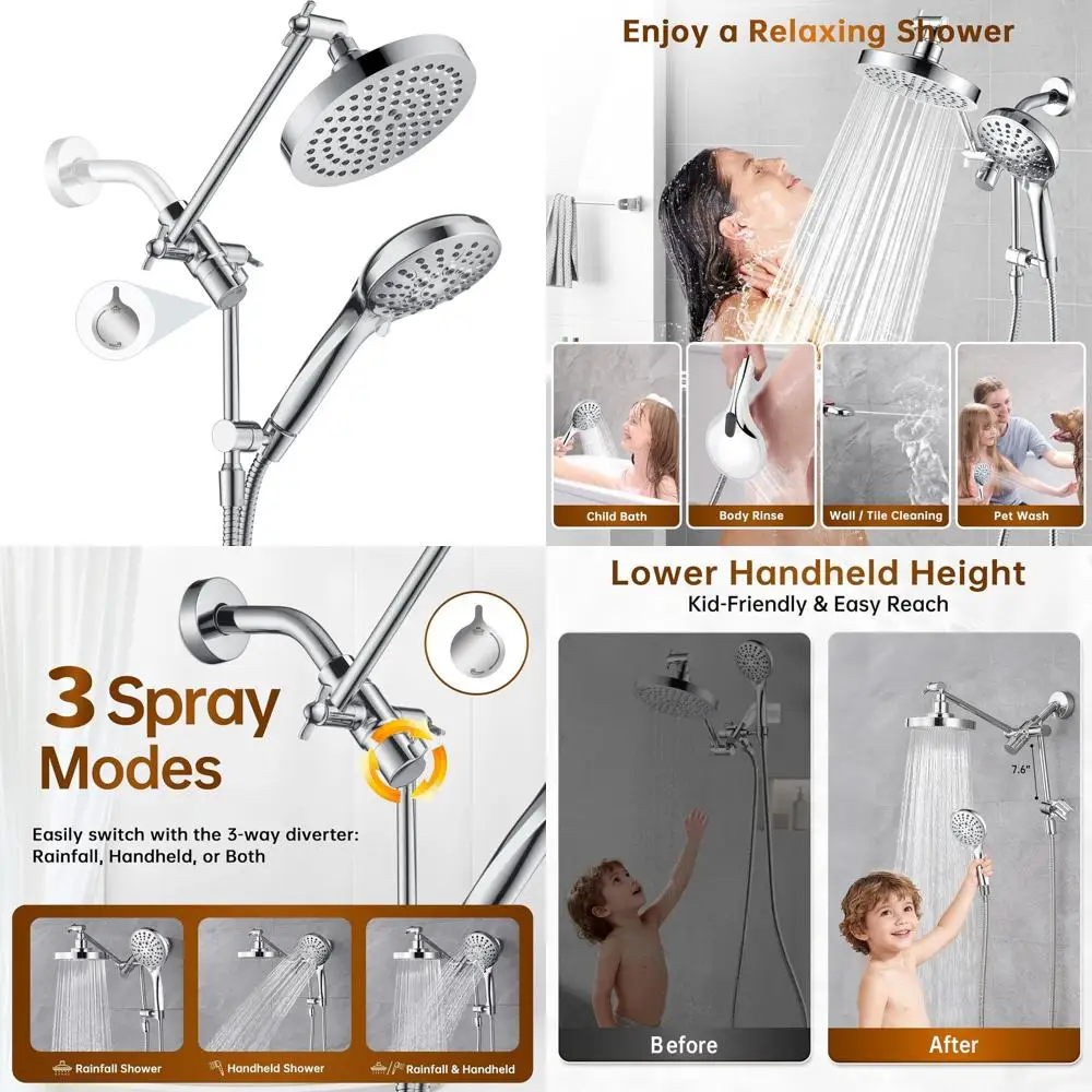 Регулируемая душевая система высокого давления с 3-позиционным переключателем, 9-режимным ручным душем, шлангом 69 дюймов, хром
Регулируемая душевая система высокого давления с 3-позиционным переключателем, 9-режимным ручным душем, шлангом 69 дюймов, хром