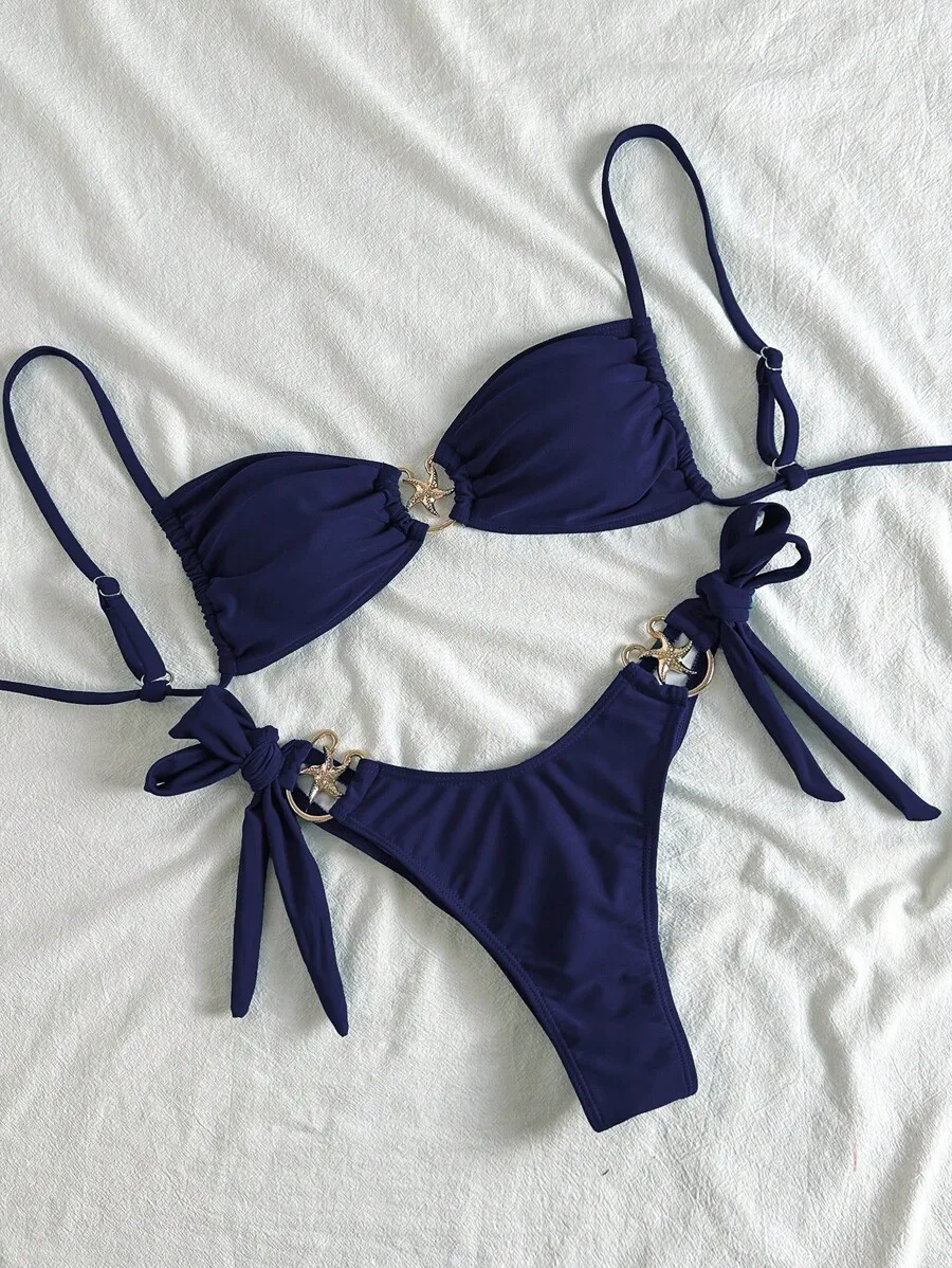 Solid Blue Side Tie Bikini Set With Metal Starfish Decor
Solid Blue Side Tie Bikini Set With Metal Starfish Decor