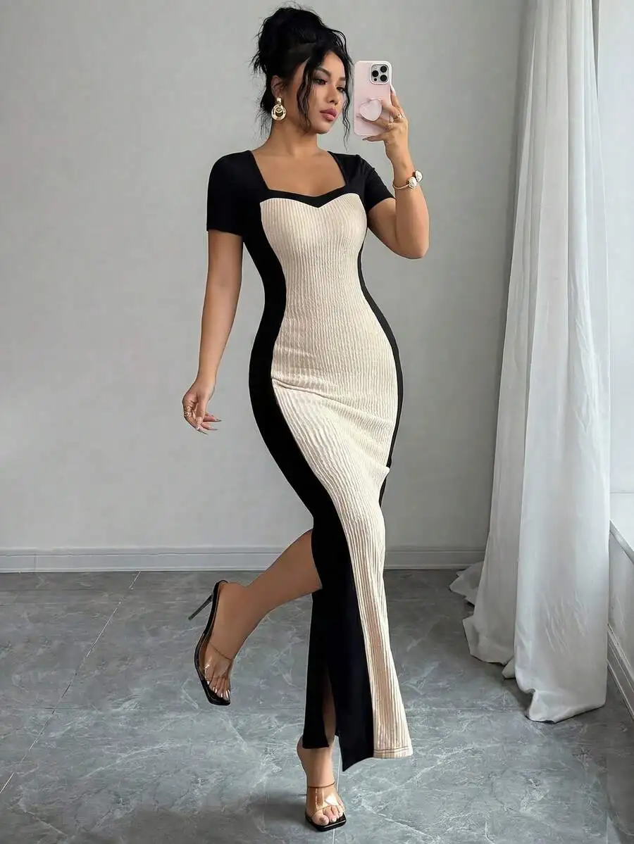 Womens Sexy Bicolor Bodycon Maxi Dress Square Neck Short Sleeve Textured Fabric
Womens Sexy Bicolor Bodycon Maxi Dress Square Neck Short Sleeve Textured Fabric