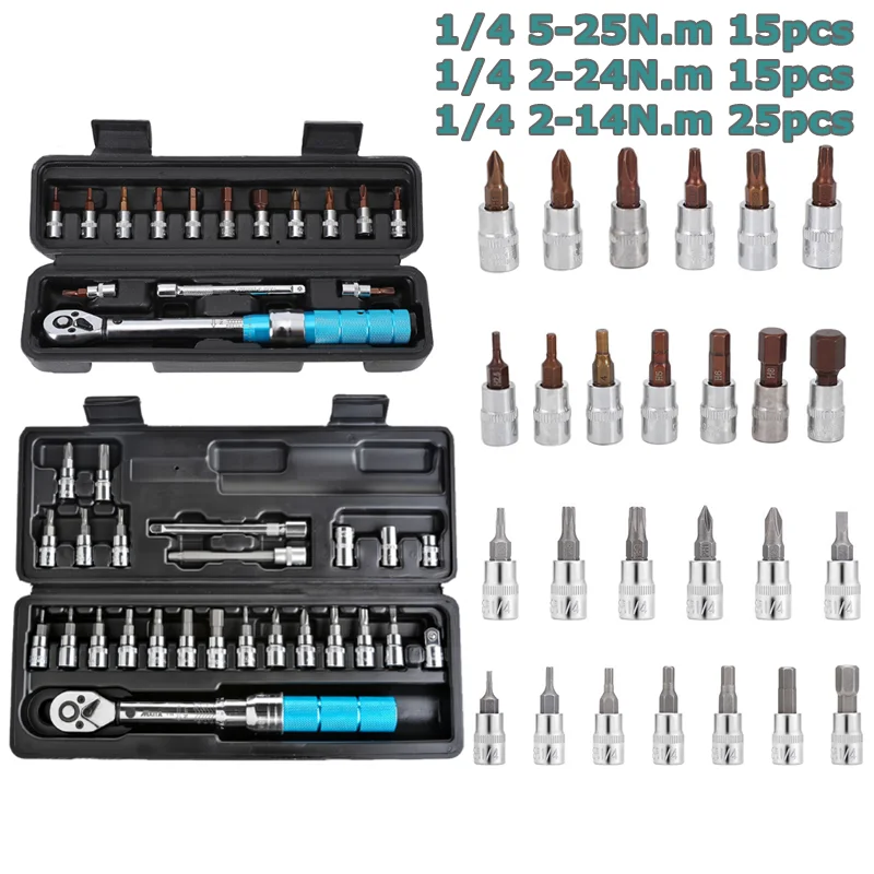 15/25pc Torque Wrench Sets 1/4" 2-24Nm/2-25 Bike Torque Wrench Allen Key Tool Socket Spanner Set Cycling Tool Bicycle Repair Kit
15/25pc Torque Wrench Sets 1/4" 2-24Nm/2-25 Bike Torque Wrench Allen Key Tool Socket Spanner Set Cycling Tool Bicycle Repair Kit