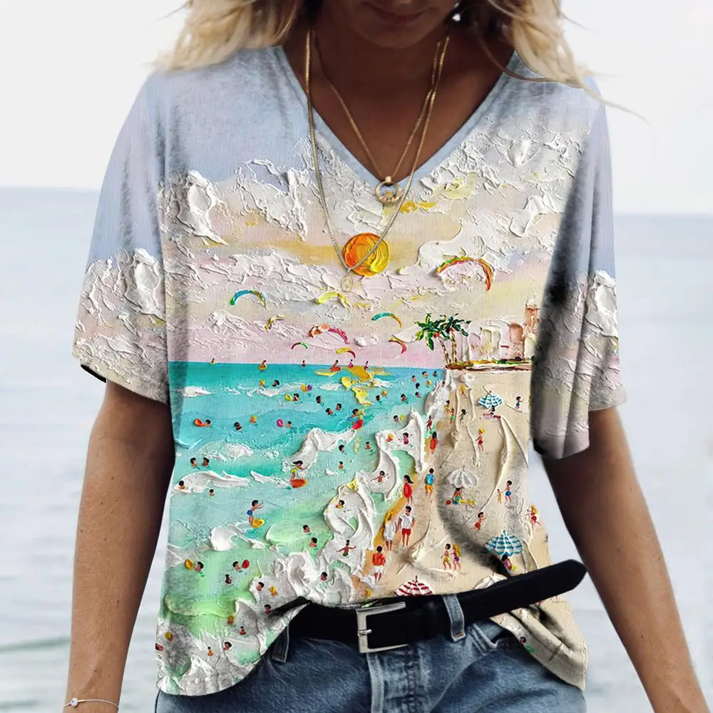 Summer Women's T-Shirt Beach Print Casual Short-Sleeved 3d T-Shirt Fashion Streetwear V-Neck Pullover Oversized Women Clothing
Summer Women's T-Shirt Beach Print Casual Short-Sleeved 3d T-Shirt Fashion Streetwear V-Neck Pullover Oversized Women Clothing