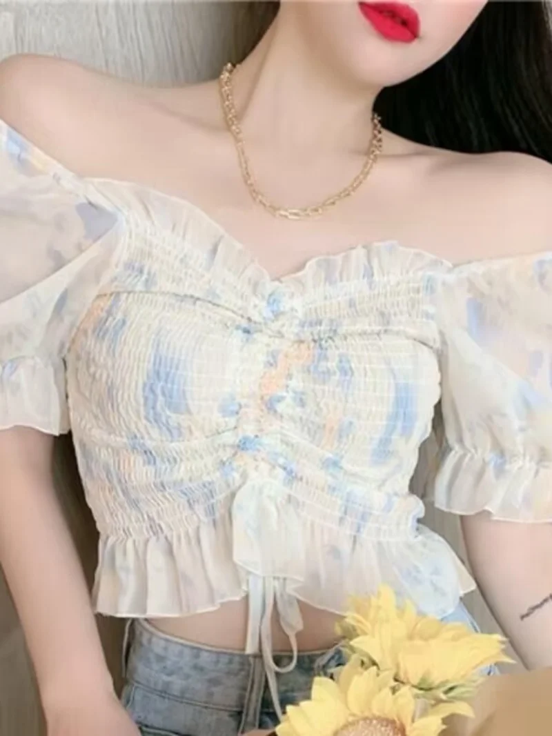 Summer Short Sleeve Chiffon Top Women's Fashionable Waist-Cinching Sexy Clavicle-Baring Floral Print Short Length Shirt
Summer Short Sleeve Chiffon Top Women's Fashionable Waist-Cinching Sexy Clavicle-Baring Floral Print Short Length Shirt