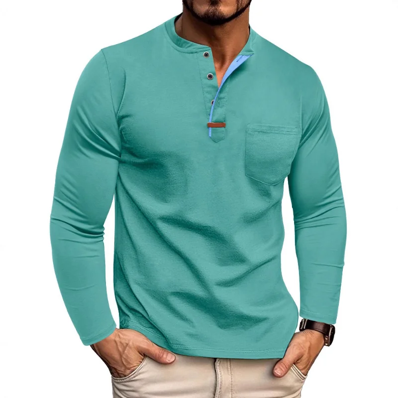 New Long-sleeved Henry Shirt Men's Round Neck T-shirt Color-blocking Fashion Casual Design Top 
New Long-sleeved Henry Shirt Men's Round Neck T-shirt Color-blocking Fashion Casual Design Top