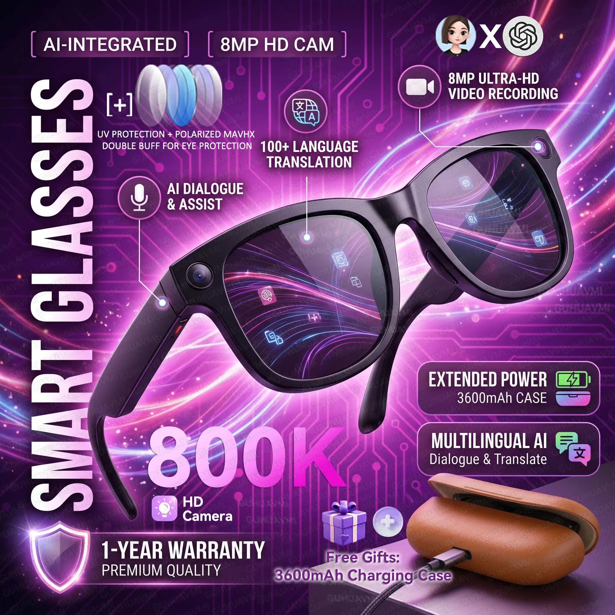 2026 AI Smart Glasses M02 Ultra 1080P HD Camera ChatGPT 3600mAh Charging 800W Camera 32GB Translation Music POV Video Sunglasse
2026 AI Smart Glasses M02 Ultra 1080P HD Camera ChatGPT 3600mAh Charging 800W Camera 32GB Translation Music POV Video Sunglasse