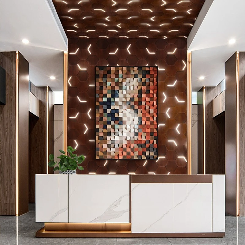 Hexagonal geometric three-dimensional solid wood design with lamp background wall exhibition hall decoration hanging paintings
Hexagonal geometric three-dimensional solid wood design with lamp background wall exhibition hall decoration hanging paintings