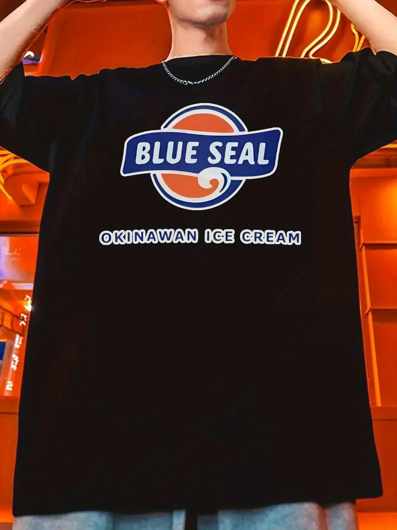 Men's Casual Summer Graphic T-Shirt - Blue Seal Okinawa Ice Cream Design, Black Polyester Round Neck Tee, Lightweight
Men's Casual Summer Graphic T-Shirt - Blue Seal Okinawa Ice Cream Design, Black Polyester Round Neck Tee, Lightweight