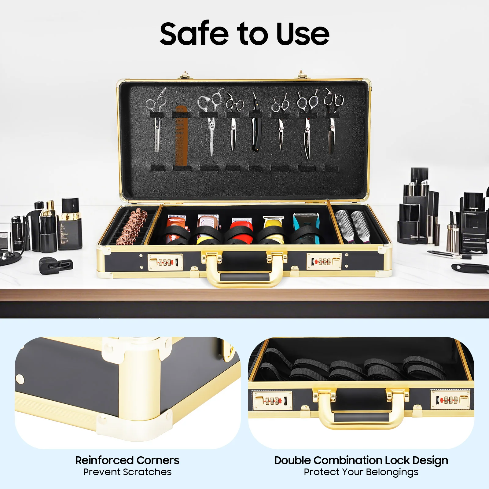 Black Golden Edge Aluminum Alloy Barber Case for Hair Salon, Fireproof Panel Removable Compartments 3 Digit Password Lock Large Storage Tool Box for Barbers
Black Golden Edge Aluminum Alloy Barber Case for Hair Salon, Fireproof Panel Removable Compartments 3 Digit Password Lock Large Storage Tool Box for Barbers
