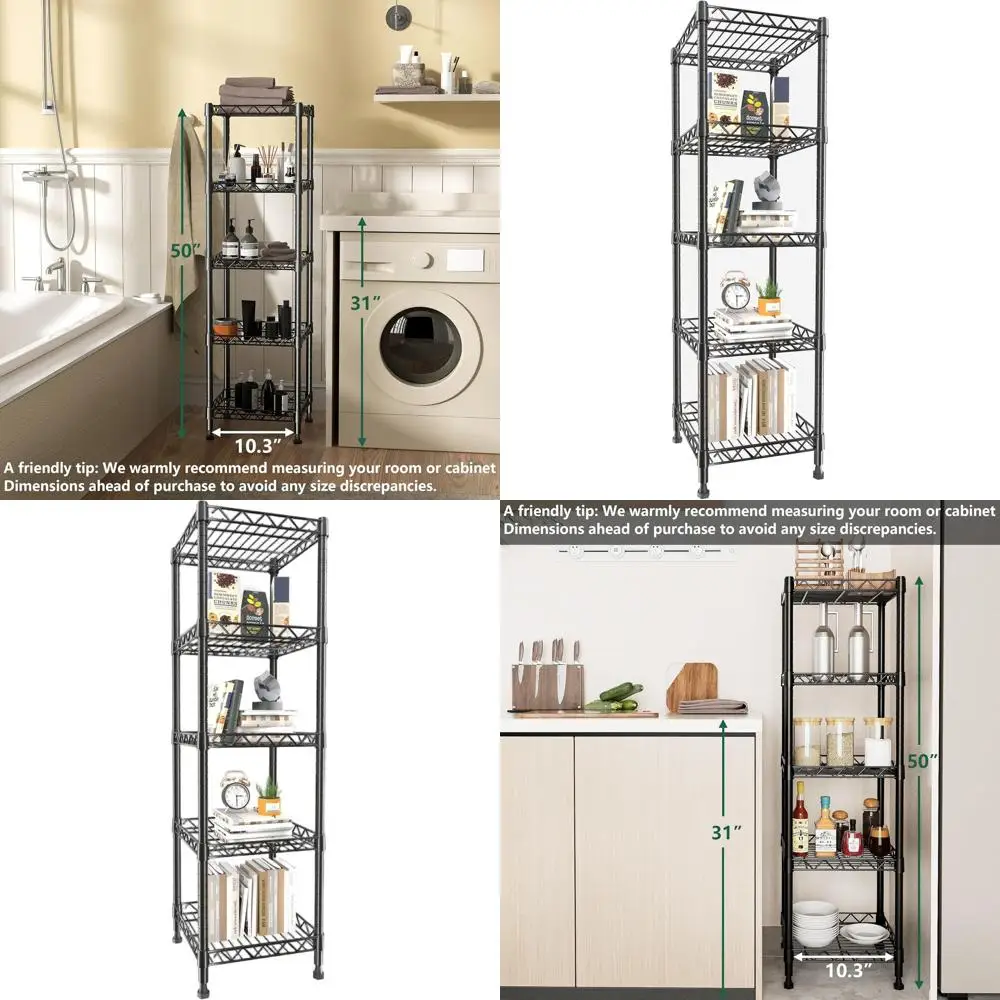 5-ярусный регулируемый металлический стеллаж для хранения, для прачечной, кухни и ванной комнаты (черный)
5-ярусный регулируемый металлический стеллаж для хранения, для прачечной, кухни и ванной комнаты (черный)