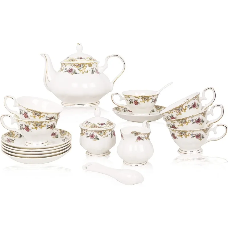 Bone Tea Set Tea Cups And Saucers 21-Piece English Tea Cups Set of 6 Porcelain Set with Teapot, Sugar Bowl,Creamer Pitcher
Bone Tea Set Tea Cups And Saucers 21-Piece English Tea Cups Set of 6 Porcelain Set with Teapot, Sugar Bowl,Creamer Pitcher