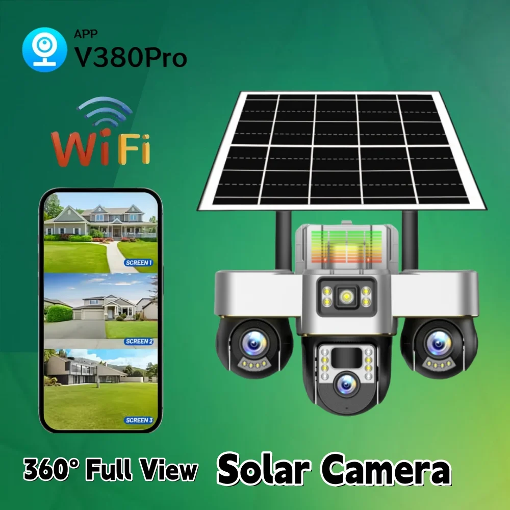 WiFi Camera Wireless 3 Lens Solar Powered Camera HD IP PTZ Outdoor Security Camera PIR Motion Detection Surveillance V380Pro Cam 
WiFi Camera Wireless 3 Lens Solar Powered Camera HD IP PTZ Outdoor Security Camera PIR Motion Detection Surveillance V380Pro Cam