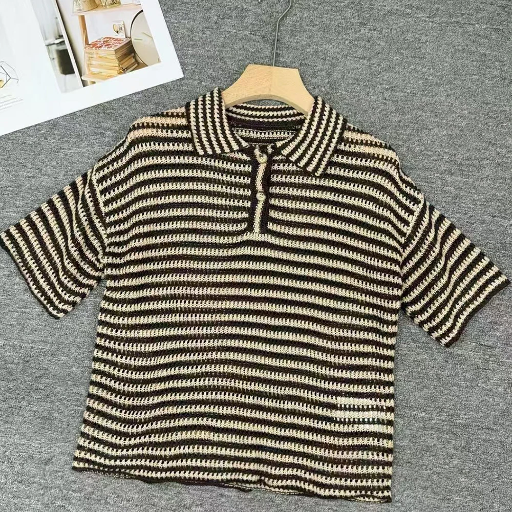 Summer New Women's Retro Hollow Collar Stripe Short Sleeve Knitted Top Vintage Style Color Regular Length Overhead Clothes
Summer New Women's Retro Hollow Collar Stripe Short Sleeve Knitted Top Vintage Style Color Regular Length Overhead Clothes