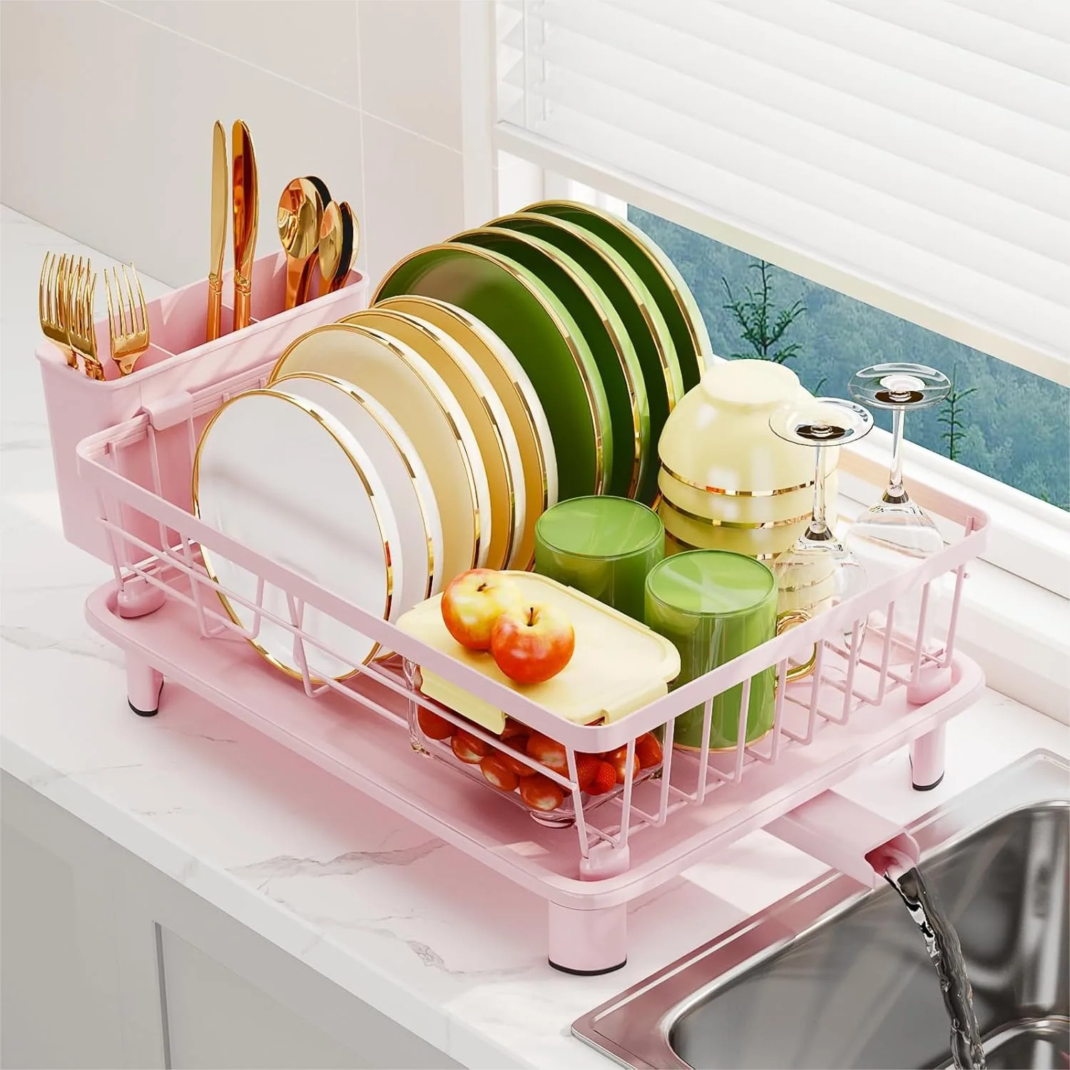 Dish Drainer Rack With Drip Tray And Drainage Spout, Stainless Steel Drying Rack With Cups, Utensil And Cutting Board Holders For Kitchen Counter Space-Saving, Pink
Dish Drainer Rack With Drip Tray And Drainage Spout, Stainless Steel Drying Rack With Cups, Utensil And Cutting Board Holders For Kitchen Counter Space-Saving, Pink