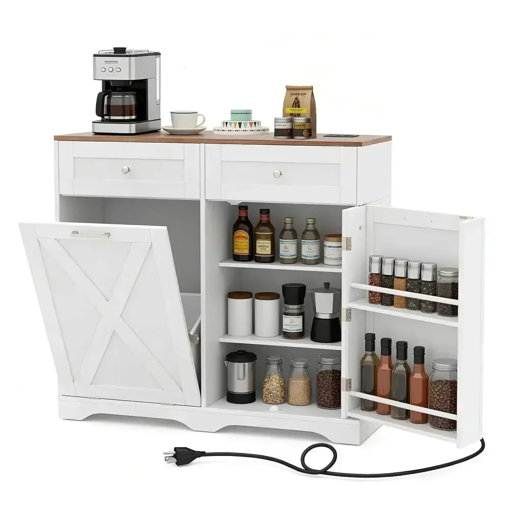 Kitchen Sideboard with Built-in Trash Can, Charging Station, Drawers, and Adjustable Shelves
Kitchen Sideboard with Built-in Trash Can, Charging Station, Drawers, and Adjustable Shelves
