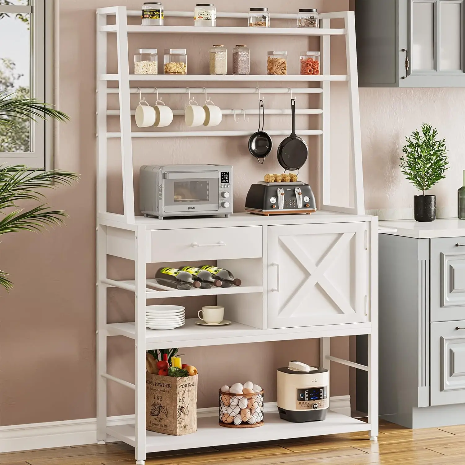 Baker'S Ra, Coffee Bar Cabinet, Farmhouse Microwave Stand With Wine Ra, Storage Drawer And 8 Hooks, Bakers Ras For Kitchens
Baker'S Ra, Coffee Bar Cabinet, Farmhouse Microwave Stand With Wine Ra, Storage Drawer And 8 Hooks, Bakers Ras For Kitchens