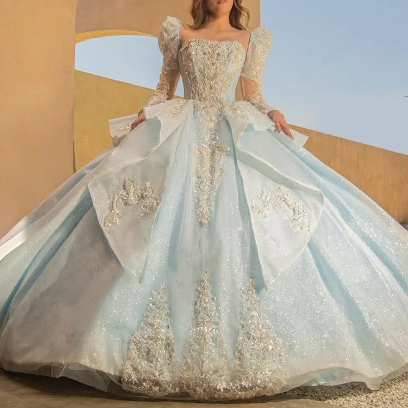 Customized Shiny sky blue Quinceanera Dresses Off the Shoulder sequin applique crystal Long tail Bow Vestido De 15 Quinceanera
Customized Shiny sky blue Quinceanera Dresses Off the Shoulder sequin applique crystal Long tail Bow Vestido De 15 Quinceanera