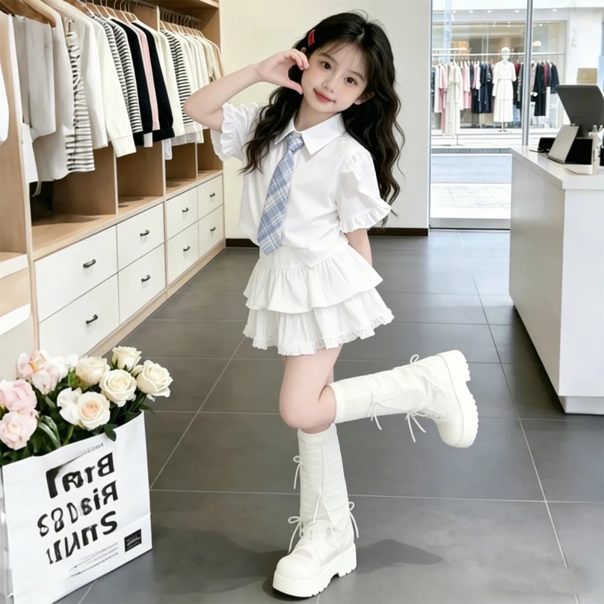 Girls' Summer Set 2026 New Style Big Kids Fashion Short sleeved Shirt Half body Cake Skirt Two piece Set
Girls' Summer Set 2026 New Style Big Kids Fashion Short sleeved Shirt Half body Cake Skirt Two piece Set