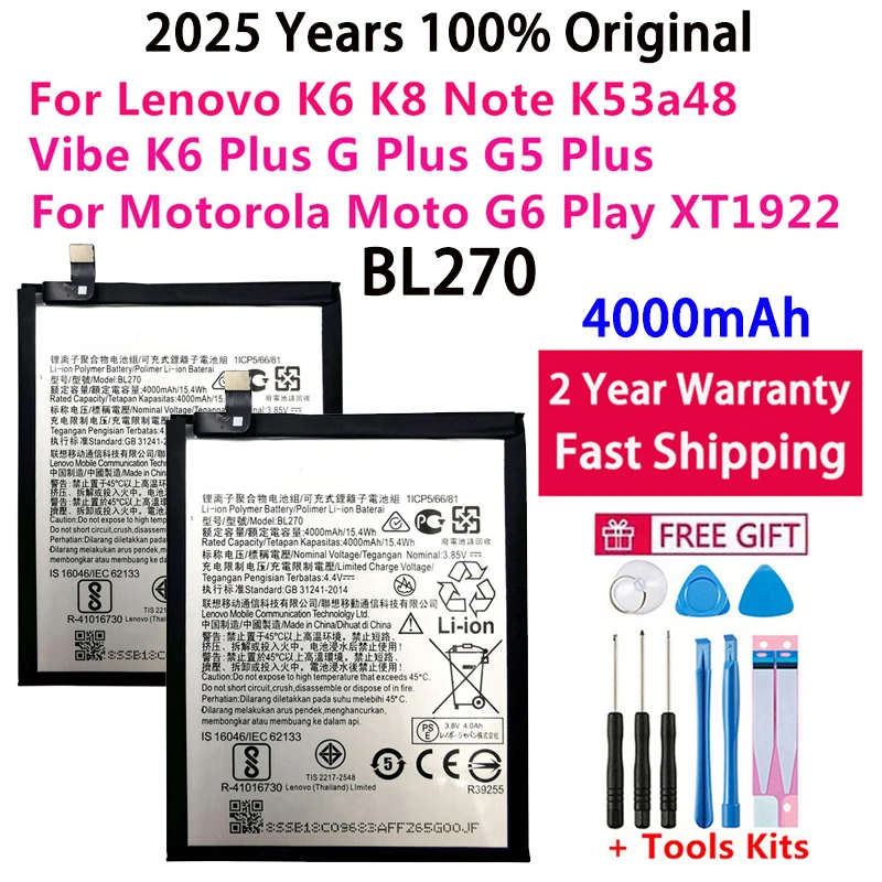 100% Original For Lenovo K6 K8 Note K53a48 Vibe K6 G G5 Plus 4000mAh BL270 Battery For Motorola Moto G6 Play XT1922 Bateria
100% Original For Lenovo K6 K8 Note K53a48 Vibe K6 G G5 Plus 4000mAh BL270 Battery For Motorola Moto G6 Play XT1922 Bateria