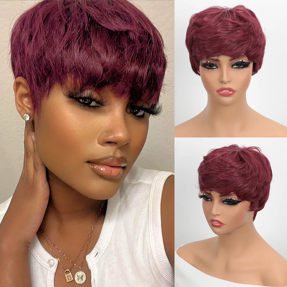 Burgundy Colored Pixie Cut Wig Human Hair For Black Women Machine Made Wigs With Bangs Short Pixie Cut Wig Human Hair Wigs 99J
Burgundy Colored Pixie Cut Wig Human Hair For Black Women Machine Made Wigs With Bangs Short Pixie Cut Wig Human Hair Wigs 99J