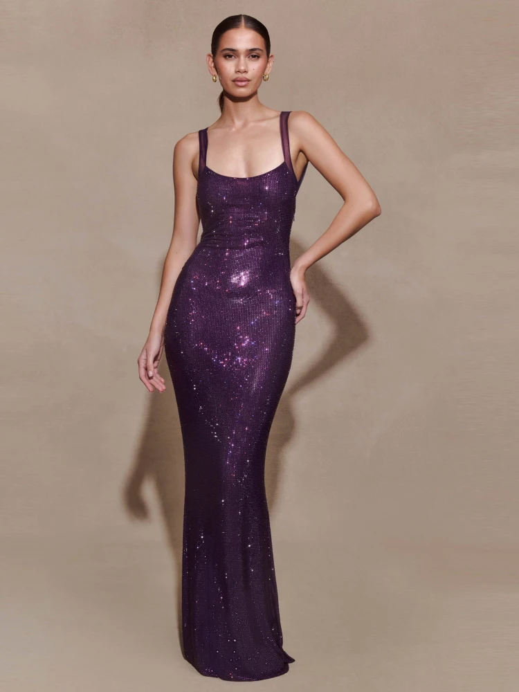 New Sexy Sleeveless Shiny Rhinestones Mesh Patchwork Long Dress Women Purple Backless Slim Bodycon Evening Party Cocktail Gowns
New Sexy Sleeveless Shiny Rhinestones Mesh Patchwork Long Dress Women Purple Backless Slim Bodycon Evening Party Cocktail Gowns