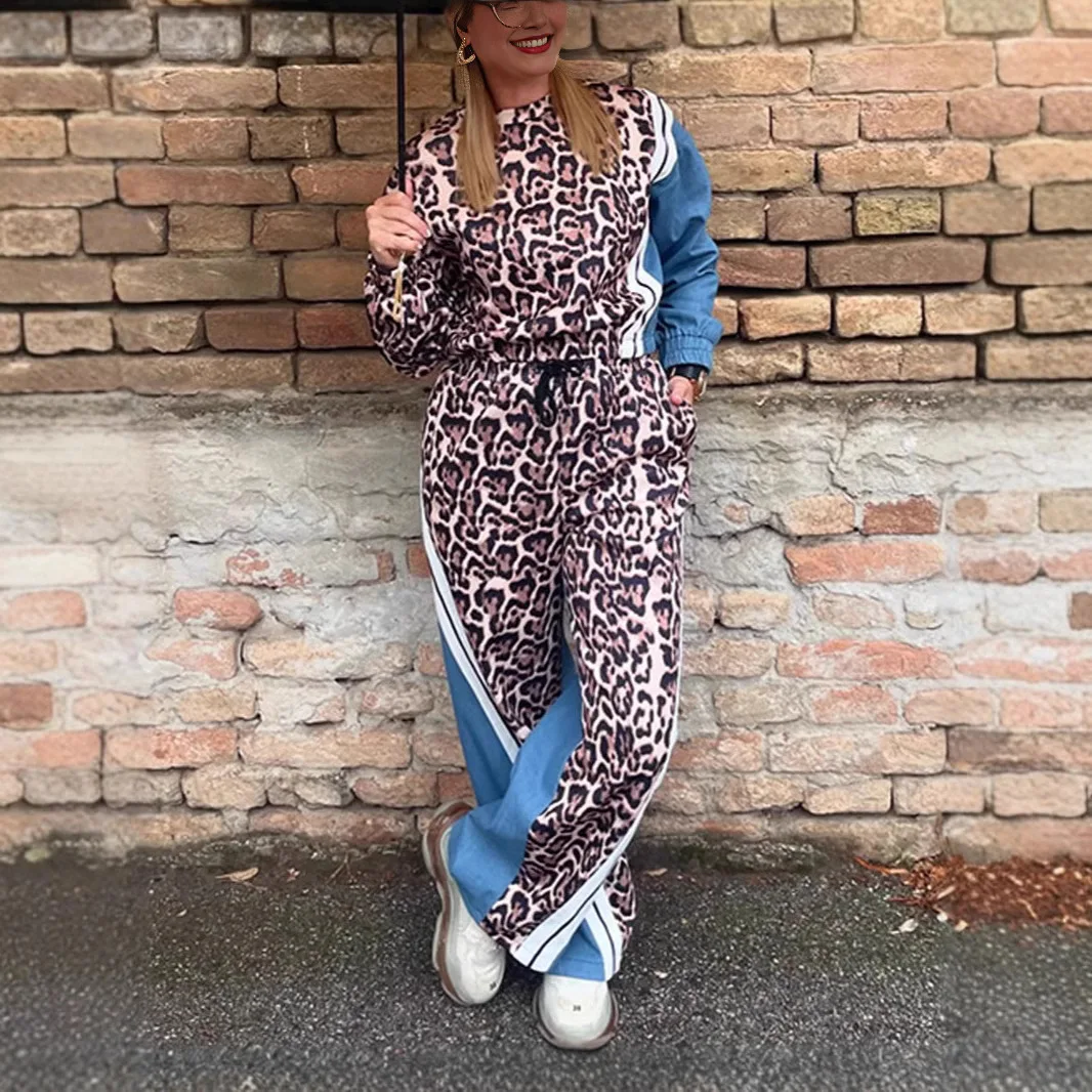 Two-piece Women's Set 2025 Autumn Leopard Stripe Print Long Sleeve Pullover and Casual Drawstring Fashion Jeans Trousers Set
Two-piece Women's Set 2025 Autumn Leopard Stripe Print Long Sleeve Pullover and Casual Drawstring Fashion Jeans Trousers Set