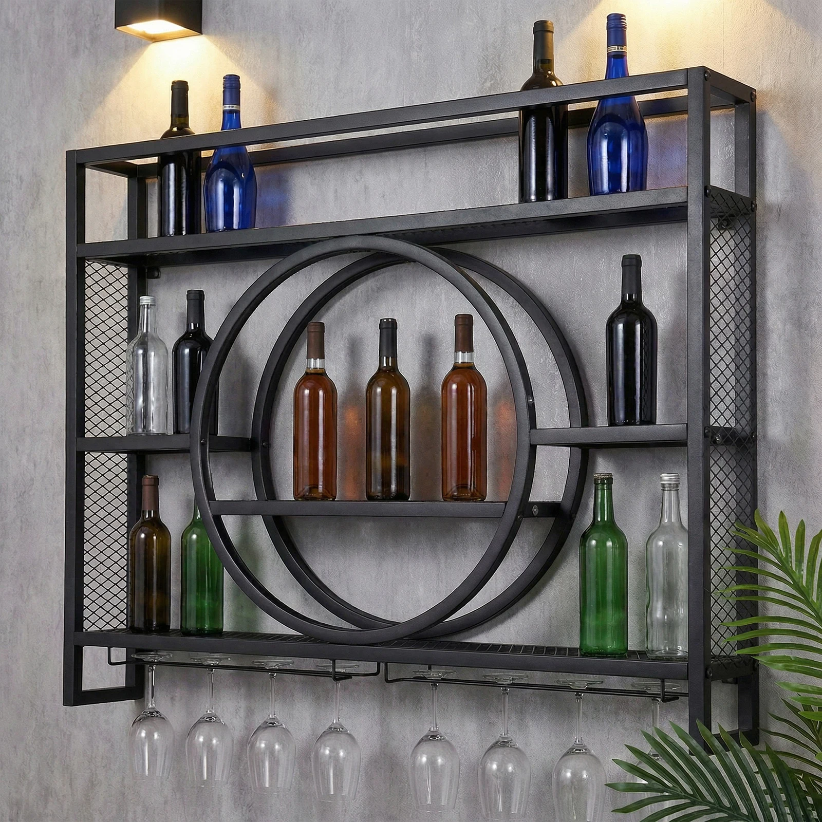 Hanging Industrial Liquor Shelf Metal Wall Mounted Wine Rack 3 Tier with LED Light with Wine Glass Holder for Liquor Bottles
Hanging Industrial Liquor Shelf Metal Wall Mounted Wine Rack 3 Tier with LED Light with Wine Glass Holder for Liquor Bottles
