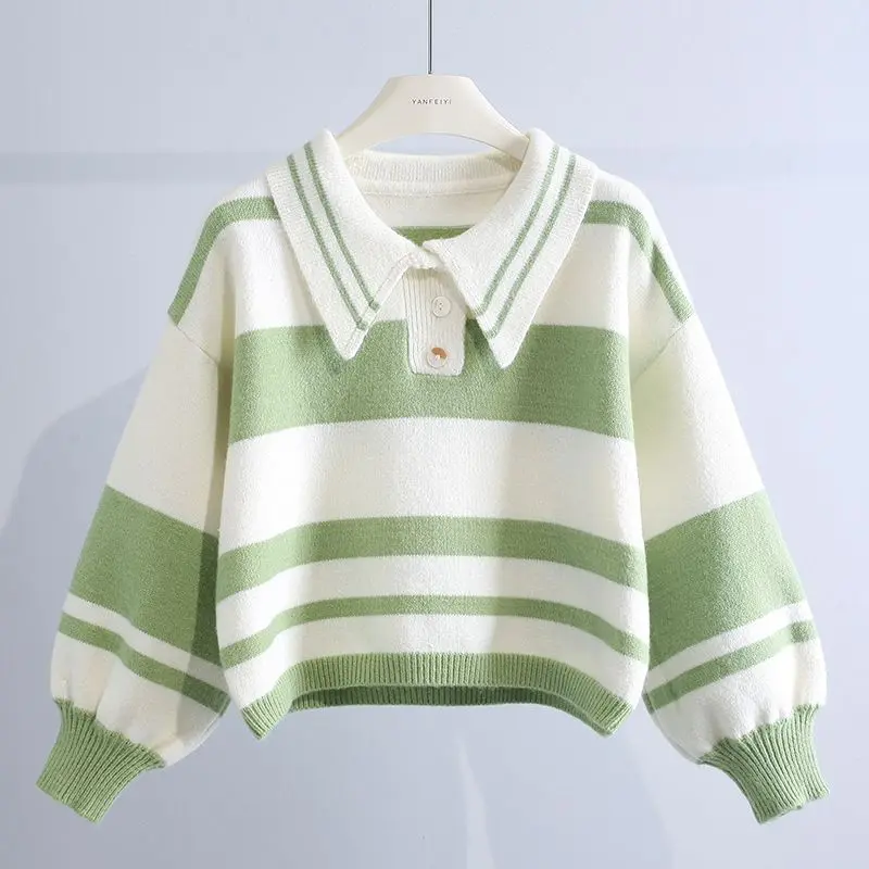 Turn-down Collar Button Striped Pullover Sweater Fashion Patchwork Preppy Style Sweater Women's Lantern Sleeve Knitted Sweater
Turn-down Collar Button Striped Pullover Sweater Fashion Patchwork Preppy Style Sweater Women's Lantern Sleeve Knitted Sweater