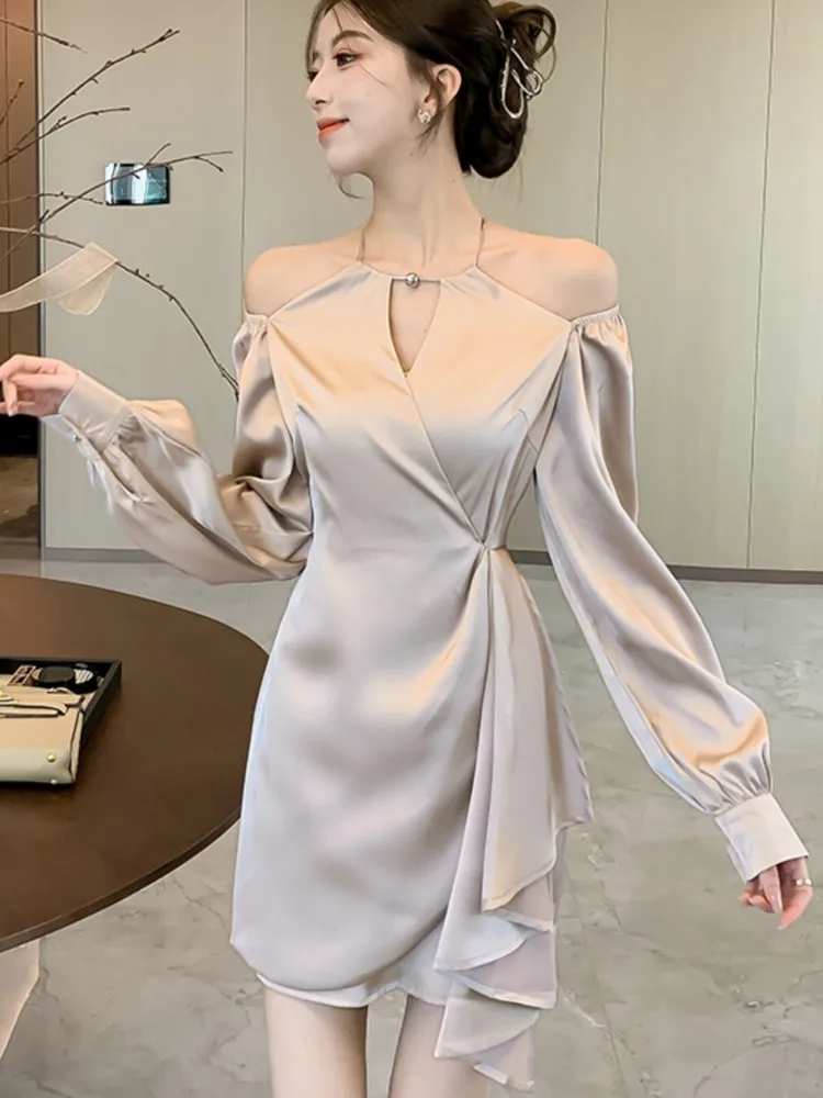 Elegant Satin Halter Womens Dresses Sexy Off Shoulder Long Sleeves Business Mini Dress Office Ladies Vestidos Mujer New Outfits
Elegant Satin Halter Womens Dresses Sexy Off Shoulder Long Sleeves Business Mini Dress Office Ladies Vestidos Mujer New Outfits