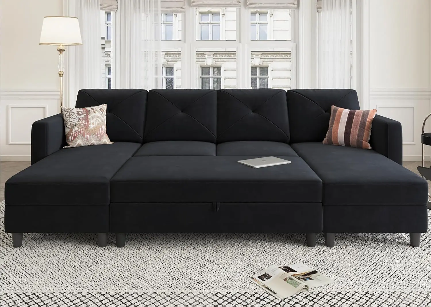 Sleeper Sectional Sofa Set Velvet U Shaped Couch with Storage Ottoman 4-Seat Sectional Sofa Set for Living Room, Black
Sleeper Sectional Sofa Set Velvet U Shaped Couch with Storage Ottoman 4-Seat Sectional Sofa Set for Living Room, Black