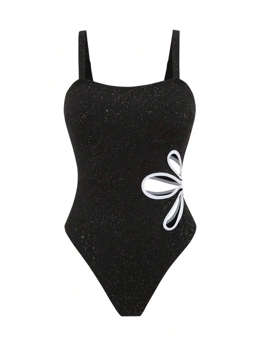 Sparkle Black One-Piece Swimsuit With White Flower Cutout Wide Strap Beach Vacation Swimwear
Sparkle Black One-Piece Swimsuit With White Flower Cutout Wide Strap Beach Vacation Swimwear