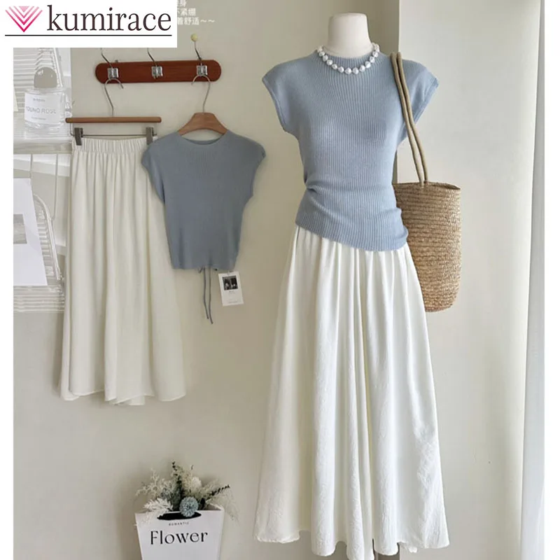 Summer Dress Set 2026 New Fashionable Strap Short Sleeve Knitted Shirt Women's Casual Wide Leg Pants Skirt Two Piece Set
Summer Dress Set 2026 New Fashionable Strap Short Sleeve Knitted Shirt Women's Casual Wide Leg Pants Skirt Two Piece Set
