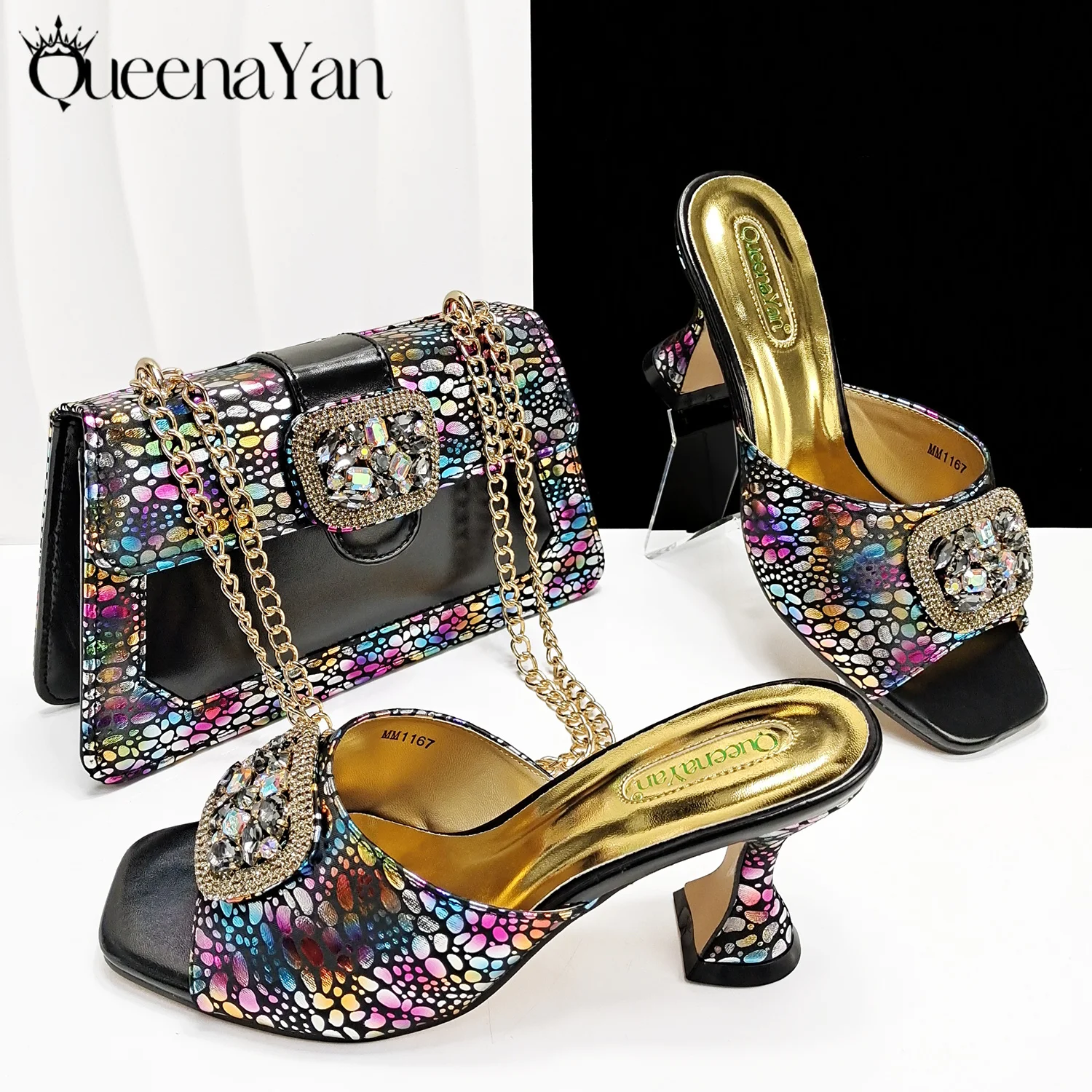 Mature Style Mix Colorful Design Black Color Party Wedding Peep Toe Med Heel Lady Shoes and Bag Set Decorated With Rhinestone
Mature Style Mix Colorful Design Black Color Party Wedding Peep Toe Med Heel Lady Shoes and Bag Set Decorated With Rhinestone