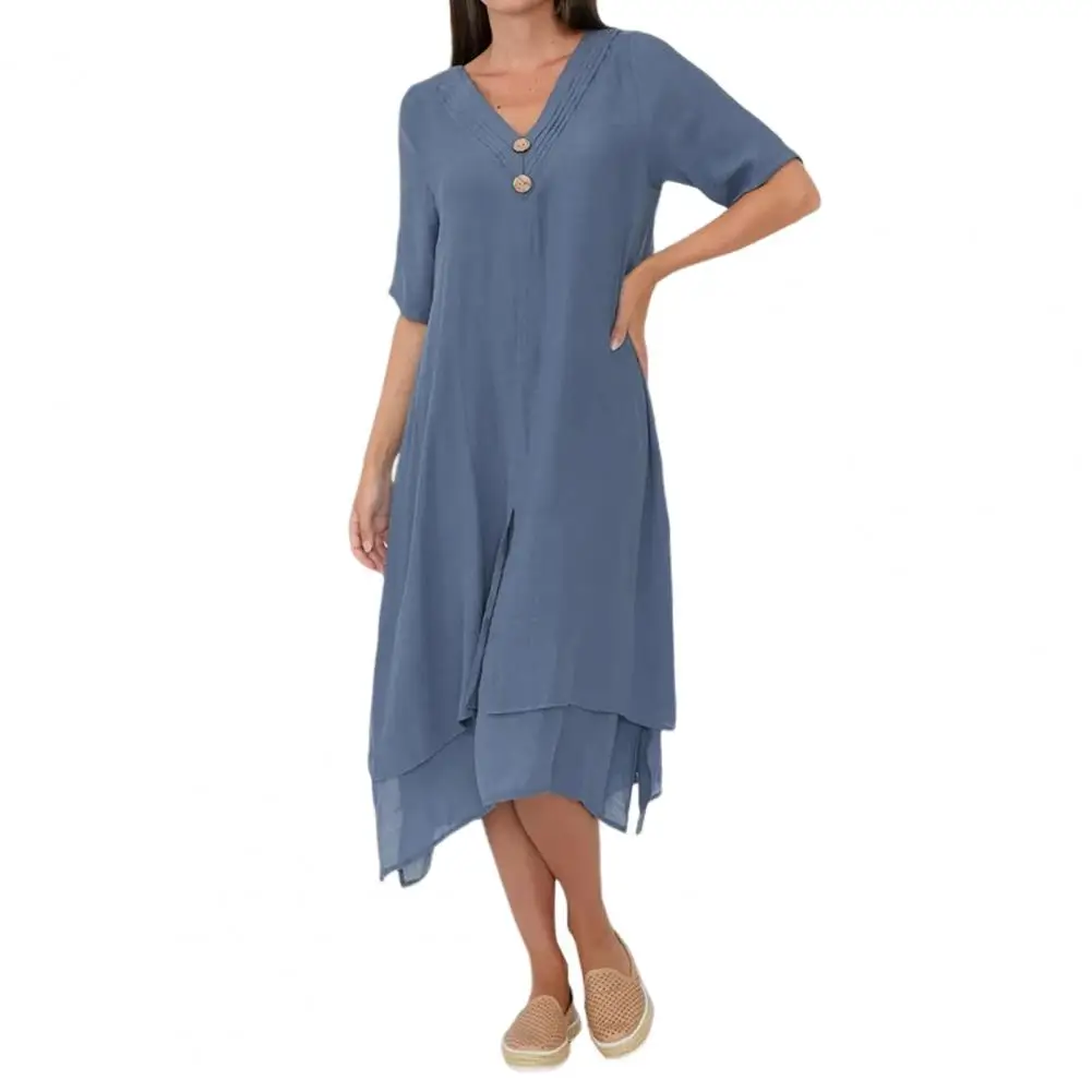 Loose Fit Dress Stylish Women's V-neck Midi Dress with Irregular Hem Button Detail Casual Summer A-line Dress for Women Elegant
Loose Fit Dress Stylish Women's V-neck Midi Dress with Irregular Hem Button Detail Casual Summer A-line Dress for Women Elegant