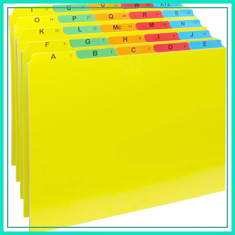 Alphabetical A-Z Hanging File Folder Guide Dividers, 5 Color Coded Tabs, Letter Size 1/5 Cut, Heavy Duty Office Organizers
Alphabetical A-Z Hanging File Folder Guide Dividers, 5 Color Coded Tabs, Letter Size 1/5 Cut, Heavy Duty Office Organizers